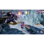 810136676198_stupid-never-dies_05_screenshot__314561787077955 - Video Game Depot Player-controlled fighter with a glowing orange sword confronts a giant purple ogre in a snowy ice cavern; other allies and glowing HUD icons surround them, with a quest prompt on screen.