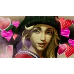 810136676198_stupid-never-dies_07_screenshot__549431787077955 - Video Game Depot Illustrated portrait of a smiling blonde woman in a dark knit hat, with pink and red heart shapes in the background.