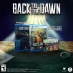 810174081077_02__409441789137568 - Video Game Depot Promotional display of 'Back to the Dawn' game bundles: PS5 case, reversible cover, and booklet on a wooden table with notes nearby.