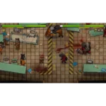 810174081077_05__023751789137568 - Video Game Depot Top-down beat-'em-up game scene: cartoon characters fight in a tiled laboratory with bloodstains and scattered furniture at the edges.