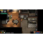 810174081077_09__809381789137568 - Video Game Depot Pixel-art game scene: a cluttered indoor area with characters at tables, kitchen to the right, and a clock/panel on the left showing time 09:30 and lunch 12:00 in a retro HUD.