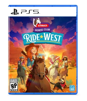 PS5 game cover for Schleich Horse Club: Ride West, with riders on horses in a desert sunset backdrop.