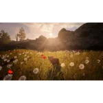 814737022729_07__853881786998579 - Video Game Depot Sunlit meadow with dandelions and red poppies, a small brown animal in the foreground, and rocky hills at sunset in the background