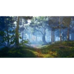 814737022729_08__489361786998579 - Video Game Depot Sunlit forest path winding through dense trees with mist and dappled light.