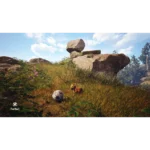 814737022729_09__018171786998579 - Video Game Depot Small brown rodent sits in tall grass beside a worn soccer ball, with big rocks and a blue sky in a sunny hillside game scene.