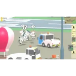 814737022743_sniper-dan_03_screenshot__112361787077953 - Video Game Depot Cartoon game scene: zebra-striped creatures run in a parking lot near a white tow truck, with a pink balloon on the left and a side mission panel on the right.