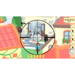814737022743_sniper-dan_04_screenshot__670971787077953 - Video Game Depot Cartoon game scene seen through a circular rifle-scope reticle aiming at a blue elephant statue near a doorway in a colorful town setting.