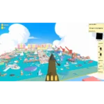 814737022743_sniper-dan_05_screenshot__762621787077953 - Video Game Depot First-person view of a toy harbor shooter game with a cannon aimed over a colorful port village.