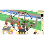 814737022743_sniper-dan_06_screenshot__712711787077953 - Video Game Depot In-game scene showing a large circular aiming reticle over a crowd at a fairground-like setting, with stalls and players in a colorful cartoon style.