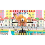 814737022743_sniper-dan_07_screenshot__458621787077953 - Video Game Depot Cartoon seaside city scene with a large orange monster inside a sniper scope overlay, as if aiming at it from a dock area.