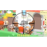 814737022743_sniper-dan_08_screenshot__419791787077953 - Video Game Depot Cartoon-style shooter game screenshot with a sniper scope aimed at a group of villagers outside a house.