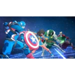 81I0Mby-g1L_SL1500___837281785865301 - Video Game Depot Captain America leads a team of Marvel heroes charging forward in a neon space battle, shield raised with stars and stripes.