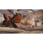 81INB9ZfBLL_SL1500___306531785866760 - Video Game Depot Orange futuristic spacecraft crash-landing in a stone arena with crowds and dusty ground nearby.