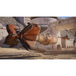 Orange sci‑fi starfighter crash‑landed in a dusty arena with stone bleachers nearby