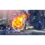 81SQ-JpuoJL_SL1500___998271785865314 - Video Game Depot Comic-style city battle: a superhero unleashes a large fiery explosion while another figure is thrown through a glowing energy shield, with soldiers and an armored van nearby.
