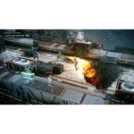 Isometric sci-fi battle on a metal platform with soldiers firing energy weapons as a large explosion erupts in the center of the scene.