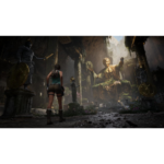 81Z24slqypL_SL1500___966231785875636 - Video Game Depot Female adventurer stands before a giant moss-covered statue in a ruined temple courtyard, shields and weapons at the ready.