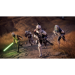 Armored soldiers sprint across a rocky desert as a Jedi with a green lightsaber leads the charge.