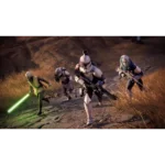 A group of armored soldiers runs across a rocky desert; the lead figure wields a glowing green lightsaber down low.