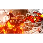81gkV_6LzmL_SL1500___781301785865291 - Video Game Depot Red-armored superhero crashes through a burning SUV as flames explode in a chaotic city street battle.