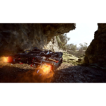 Futuristic armored vehicle with rear thrusters flaming as it speeds through a rocky canyon outlet.