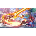 81nMYv8SvML_SL1500___424231785865317 - Video Game Depot Epic Marvel superhero battle on a city street with fiery energy beams and explosions.