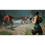 81xZ2fkWt0L_SL1500___255771785875618 - Video Game Depot Female action survivor aims a pistol at two red dinosaur-like monsters in a dense forest.