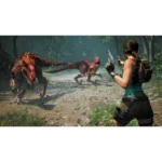 81xZ2fkWt0L_SL1500___580631785875654 - Video Game Depot Female adventurer aiming a pistol at red dinosaur-like creatures in a jungle battlefield.