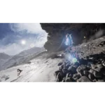 81ytlP6LJTL_SL1500___073701785866761 - Video Game Depot Futuristic blue-lit motorcycle climbs a rocky, snow-covered slope near a cave opening, with a red warning sign on the left and bright sun flares in the sky.