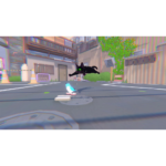 850075178155_catalog_05__667301786128124 - Video Game Depot Cartoon street scene where a black cat leaps toward a pale blue bird on the pavement, in a colorful urban alley with buildings and greenery in the background.