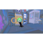 850075178155_catalog_07__130551786128124 - Video Game Depot Black cat with green eyes upside down, paw in a glowing green portal on a yellow sci‑fi machine..**