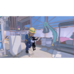 850075178155_catalog_09__756921786128124 - Video Game Depot Construction worker in a yellow helmet and blue uniform gently holds a black cat at a construction site with a turquoise excavator nearby