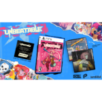 Colorful Unbeatable game cover design with a pink PS5 case, collage posters, and a digital download card on a bright blue background.