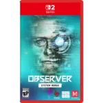 Nintendo Switch game case for Observer: System Redux, showing a glitchy portrait with blue-green tones, red border, and game logos at the bottom.
