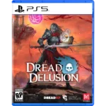 PS5 game cover for Dread Delusion featuring a armored knight with a long sword against a fiery, orange sky.
