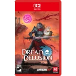 Nintendo Switch game case for Dread Delusion, showing a armored warrior with sword in a fiery, volcanic landscape with pink moon in the sky.