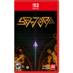 Nintendo Switch game case with a black triangular pattern background, an orange geometric title near the top, a glowing purple arrow pointing upward from the center, and fiery orange accents along the bottom; ESRB RP rating in the corner and logos for Kimmo Factor and PM Studios.