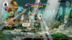 9185333 - Video Game Depot Colorful action game screenshot: a large colorful stone-mech boss in a jungle ruin, with small player characters lined up at the left, a speech bubble saying 'Get ’em!', and on-screen HUD elements at top and bottom.