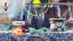 9185336 - Video Game Depot Side-scrolling action game scene: astronaut character mid-air amid energy rings and an explosion on the left; enemies on a stone platform to the right; UI shows score 108, 'FEVER!!' banner, and status bars on left with a 'Rally' bar at bottom.