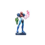 Samus Aran Metroid action figure in blue armor, with a green left arm cannon and a pink energy blast on the right, standing on a blue base.