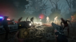 9f607a4c-67f6-4308-bd78-18d42d607b48 - Video Game Depot First-person view of a zombie outbreak: hand holding a patterned card, pistol aimed at approaching zombies near police cars with flashing lights in a dark, foggy environment.