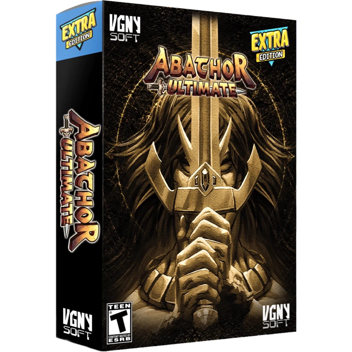 Box cover for the video game Abatchor Ultimate Extra Edition, featuring a dark textured background and a golden armored figure with a raised sword