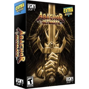 ABATHOR-ULTIMATE-EXTRA-EDITION-PS5-003D-199874814940 - Video Game Depot Box cover for the video game Abatchor Ultimate Extra Edition, featuring a dark textured background and a golden armored figure with a raised sword