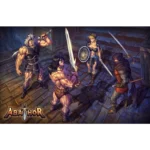 Group of four fantasy warriors facing off in a dim dungeon, swords drawn and shield ready; Abathor logo bottom-left.