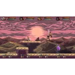 Four pixel-art heroes stand on a rocky platform as a warrior on the right prepares to strike with a sword against an enemy, set against a pink-purple sunset and jagged mountains.