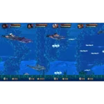 Underwater 2D shooter scene with player-controlled submarines firing at enemies, colorful coral backdrop, and a score HUD along the bottom edge.