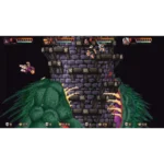 Four armored heroes stand on a stone tower platform, facing off against a colossal green monster below in a dark, pixel-art action scene. Health bars run along the top of the screen.