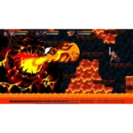 Pixel-art platform game: a warrior with a sword faces a gigantic lava dragon in a fiery cave scene with health bars overhead.