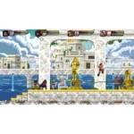 Pixel-art side-scrolling battle in a white stone temple by the sea; a gold-armored hero stands on a fountain pedestal while enemies swarm.