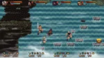 Pixel-art action game screenshot: four characters mid-jump on stone platforms above turquoise water, health bars across the top, HUD icons at bottom.